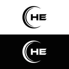 HE logo. H E design. White HE letter. HE, H E letter logo SET design. Initial letter HE linked circle uppercase monogram logo. H E letter logo SET vector design. HE letter logo design five