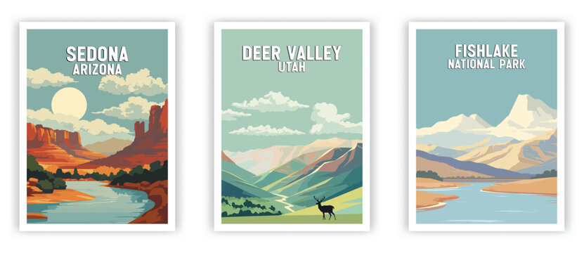 Fishlake, Deer Valley, Sedona Illustration Art. Travel Poster Wall Art. Minimalist Vector art