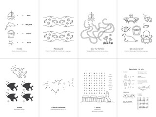 Set of seven games on the theme of the sea. Game and coloring page for kids. Danish language. Vector illustration. Set No. 3.	