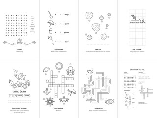 Set of seven games on the theme of the sea. Game and coloring page for kids. Danish language. Vector illustration. Set No. 2.	