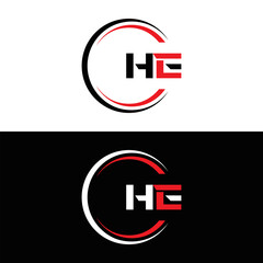HE logo. H E design. White HE letter. HE, H E letter logo SET design. Initial letter HE linked circle uppercase monogram logo. H E letter logo SET vector design. HE letter logo design five