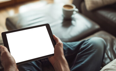 Business man working on tablet computer with blank screen and coffee cup. Generative AI.