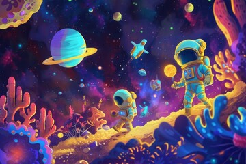 Obraz na płótnie Canvas Children embark on a cosmic adventure. Kids dressed in makeshift astronaut costumes joyfully set out to uncover cosmic mysteries and meet their imaginary space friends