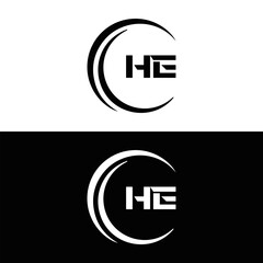 HE logo. H E design. White HE letter. HE, H E letter logo SET design. Initial letter HE linked circle uppercase monogram logo. H E letter logo SET vector design. HE letter logo design five