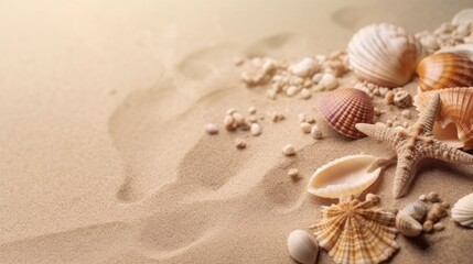 Fototapeta na wymiar A clean summer beach mockup seen from above with seashells around, copy space place for text background