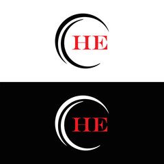 HE logo. H E design. White HE letter. HE, H E letter logo SET design. Initial letter HE linked circle uppercase monogram logo. H E letter logo SET vector design. HE letter logo design five