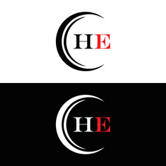 HE logo. H E design. White HE letter. HE, H E letter logo SET design. Initial letter HE linked circle uppercase monogram logo. H E letter logo SET vector design. HE letter logo design five