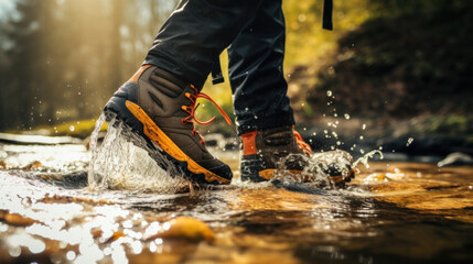 Hiking boot Crossing the stream. Legs on mountain trail during trekking in forest. Leather ankle shoes