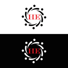 HE logo. H E design. White HE letter. HE, H E letter logo SET design. Initial letter HE linked circle uppercase monogram logo. H E letter logo SET vector design. HE letter logo design five