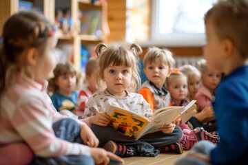 Children in kindergarten learn to read at a reading lesson - obrazy, fototapety, plakaty