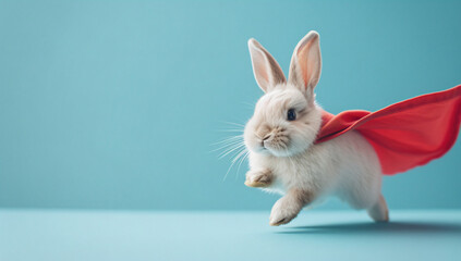 Superhero bunny, creative picture of cute animal wearing cape and mask jumping and flying on light background, copy space. Leader, funny animals studio shot