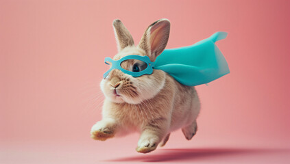 Superhero bunny, creative picture of cute animal wearing cape and mask jumping and flying on light background, copy space. Leader, funny animals studio shot