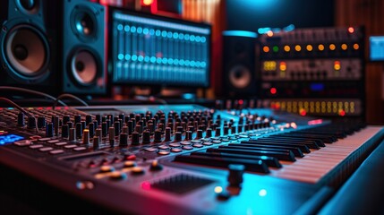 High-Tech Music Production Studio with Mixing Console and Studio Monitors