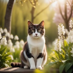 Cat among spring flowers.