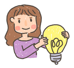 Girl with idea light bulb. Cute hand drawn doodle concept with woman