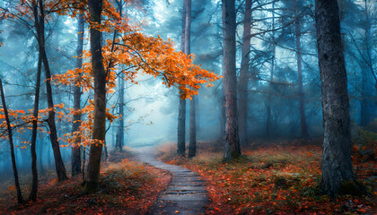 Misty autumn forest in the morning