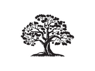 Obraz premium Single big Oak tree and leaves silhouette. Hand Drawn Old Oak Tree Vintage Vector Illustration