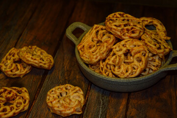 Kerupuk sebring or seblak kering a typical snack from Bandung. These Sebring crackers are available in original and spicy flavors.