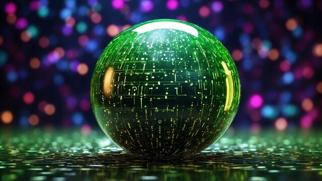 Digital sphere of binary code on blurred background.