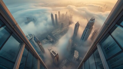 High-rise View over Foggy City - obrazy, fototapety, plakaty