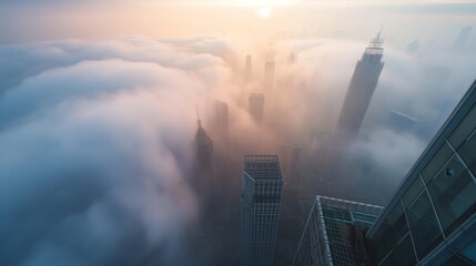 Skyscrapers Emerging from Fog - obrazy, fototapety, plakaty