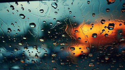 Abstract reflections in a raindrop-covered window during a storm
