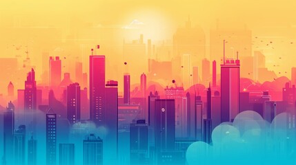 Cartoon Cityscape with Colorful Clouds