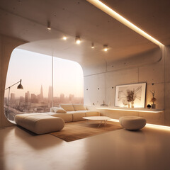 futuristic minimalist apartment interior in warm colors - 722253270