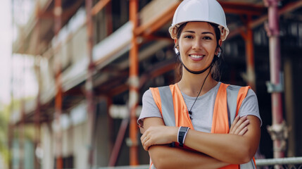 woman with a confident smile is wearing a white hard hat and reflective orange safety vest, standing at a construction site with scaffolding in the background