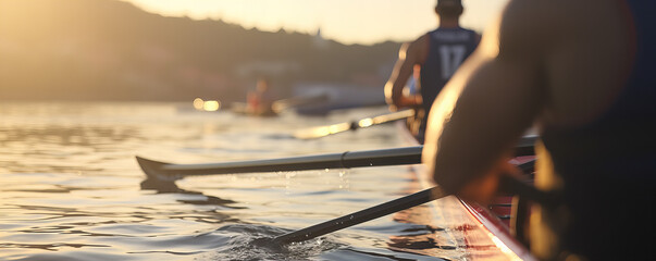 Golden Hour Rowing: Teamwork and Dedication on Tranquil Waters
 - obrazy, fototapety, plakaty