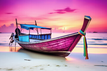 Wooden boats on the shore of a lake at sunset