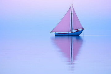 Sailboat on sea at sunset in summer. Travel Tropical seascape with sailing boat, sea bay, mountain, ocean sky.