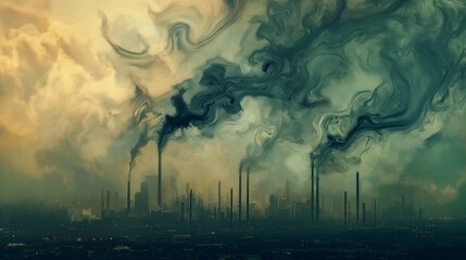 Industrial City with Smoke Swirls - obrazy, fototapety, plakaty