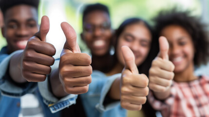 Group of people giving a thumbs-up to the camera, with the focus on the hands in the foreground and their smiling faces slightly blurred in the background.