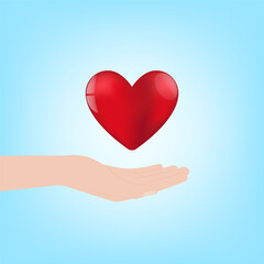 Hand Holding Red Heart on Blue Background. Concept of Valentine's Day and Mother's Day Concept. Vector Illustration. 
