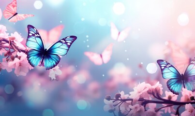 Fluttering blue butterfly and purple wildflowers on the field in sunlight. Floral spring concept for background, banner or greeting card with copy space