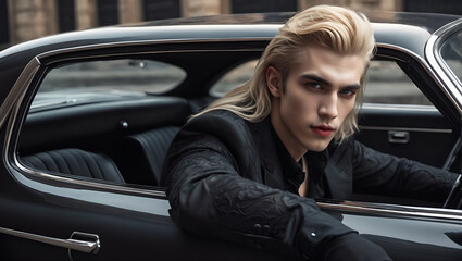 A young handsome guy with long blond hair in a car - obrazy, fototapety, plakaty