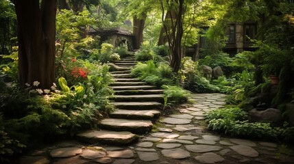 A tranquil garden pathway adorned with stepping stones, guiding through lush greenery.