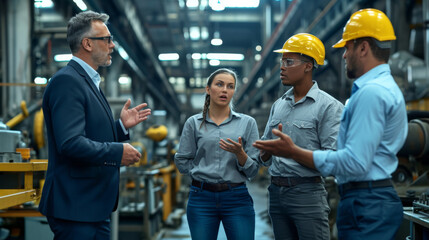 group of professionals in a discussion at an industrial facility - obrazy, fototapety, plakaty