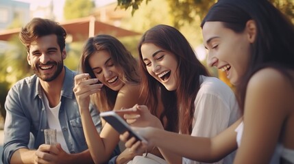 College Students Embracing Smartphone Culture Outdoors - Social Media Addiction Among Teens - Modern Tech Integration on University Campus - Young Adults Engaged with Mobile Devices.