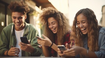 Young people using smartphones outdoors. Teenagers addicted to social media on college campuses are fixated on their phones