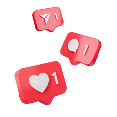 Like, comment, direct message in speech bubble icon isolated on empty background. Love like heart social media notification icon. Emoji, chat and Social Network. 3d rendering, 3d illustration.