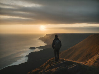 Fototapeta premium Tourists are standing on the edge of a cliff with the sea below, With the setting sun providing a soothing light