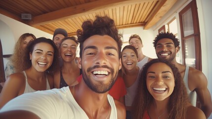 Young Tourists Enjoying Summer Vacation. Multiracial Friends at Youth Hostel Guest House - Happy Group Booking Vacation Home - Guys and Girls Capture Fun Moments with Selfie at Holiday Destination. - obrazy, fototapety, plakaty