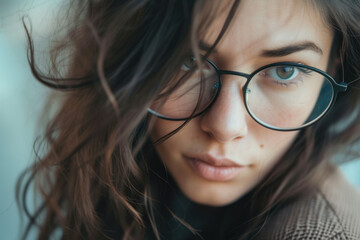 Fototapeta premium Close-up of a contemplative woman with tousled hair and glasses.