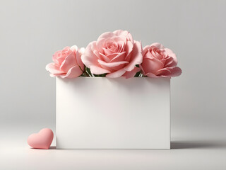 Greeting card and Pink roses for Valentine's Day, mock up, copy space