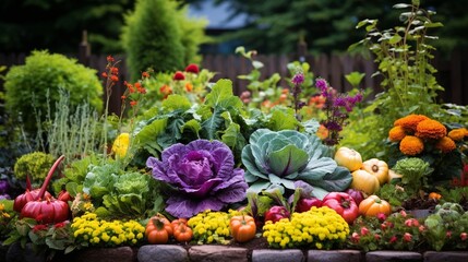 A well-organized and colorful garden bed filled with blooming flowers, vegetables, and herbs.