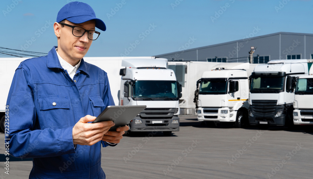 Poster fleet manager with digital tablet on a background of trucks