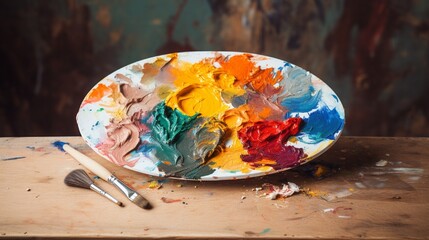 A wooden artist's palette with fresh paint.