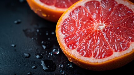 Sliced Grapefruit with Refreshing Water Droplets on Dark Surface